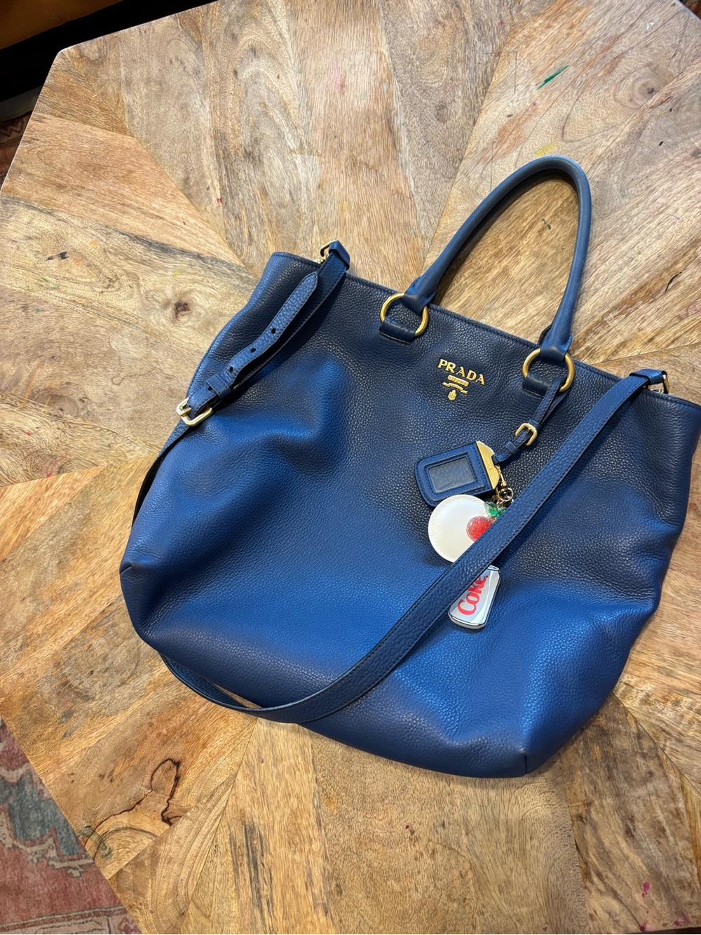 Prada Blue Pebbled Leather Tote with Gold Hardware